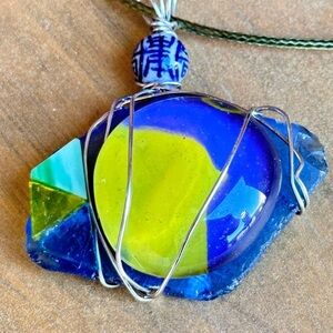 Art glass pendant necklace blue, handmade, wired, brutalist, outsider art 4250 W